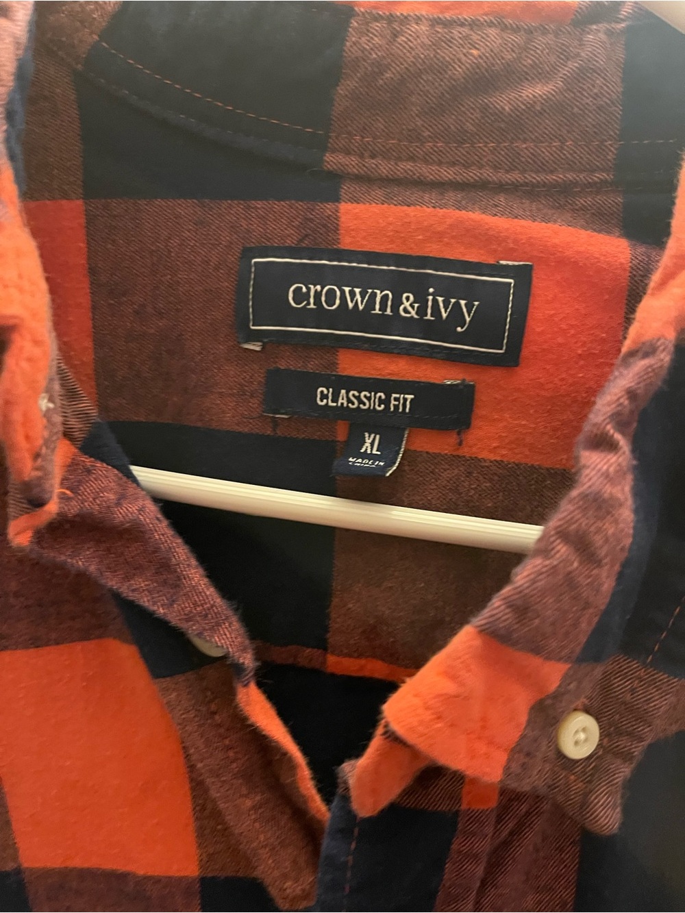 crown & ivy Orange and Navy Plaid Button-Up Shirt - Classic Fit